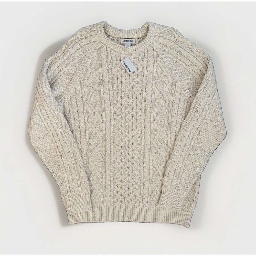 Lands’ End Mens XL Cable Knit Sweater Ivory Speckled Fisherman Pullover NWT